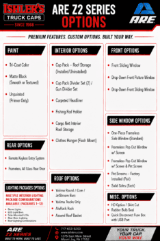 ARE Z2 Series Truck Cap $3499.00 installed Includes a Free Fold-Down Front Sliding Window until 8/31/26